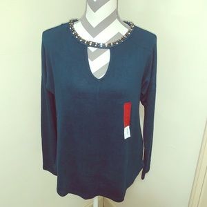 Jennifer Lopez Turquoise Rhinestone Sweater